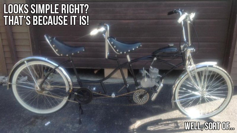 Tandem bike in front of garage