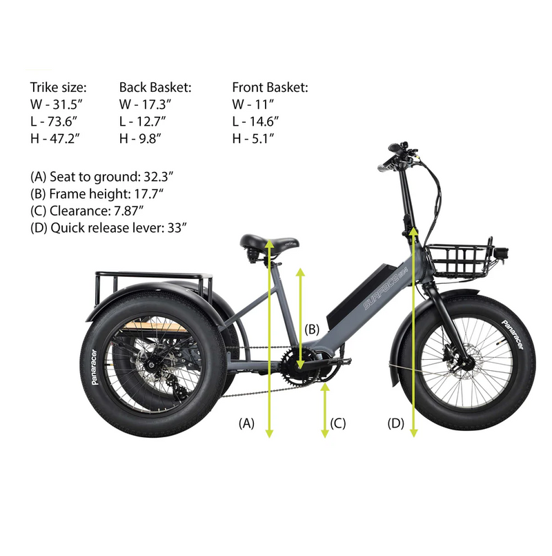 Surface 604 500W 48V Trio Mid Drive Folding Step-Thru Fat Tire Trike Electric Bike