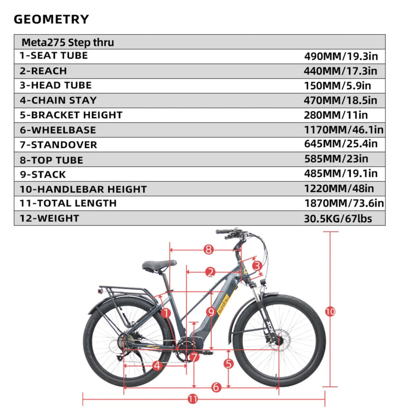 Electric Bike Eunorau Meta 275 Dimensions