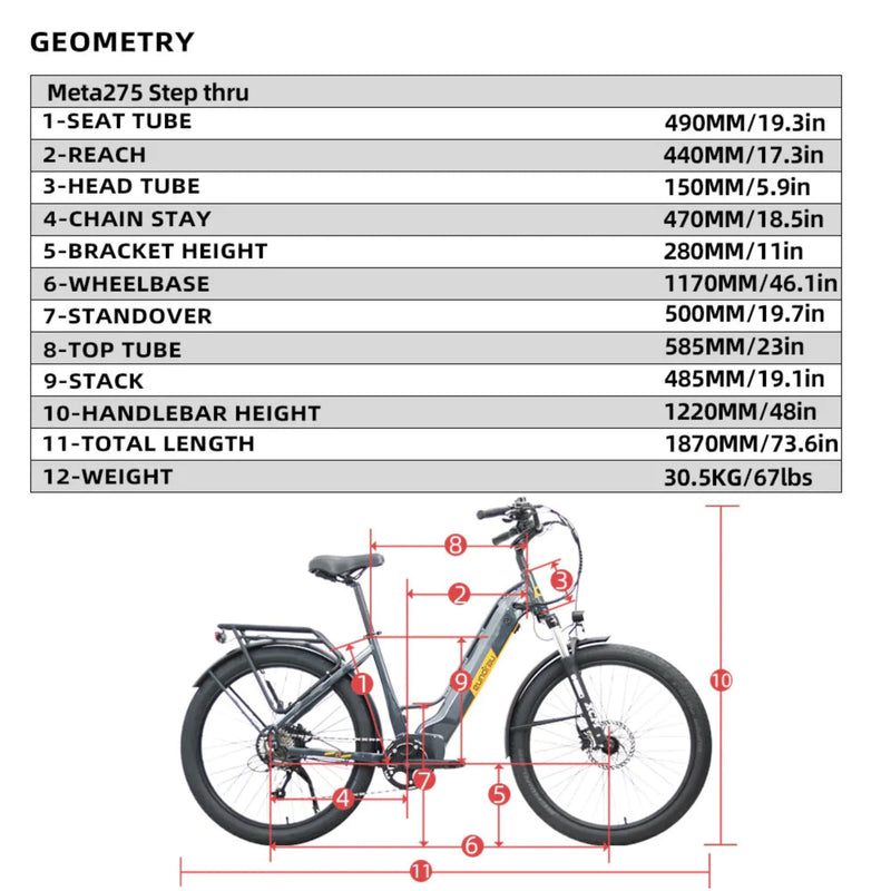 Electric Bike Eunorau Meta 275 ST Dimensions