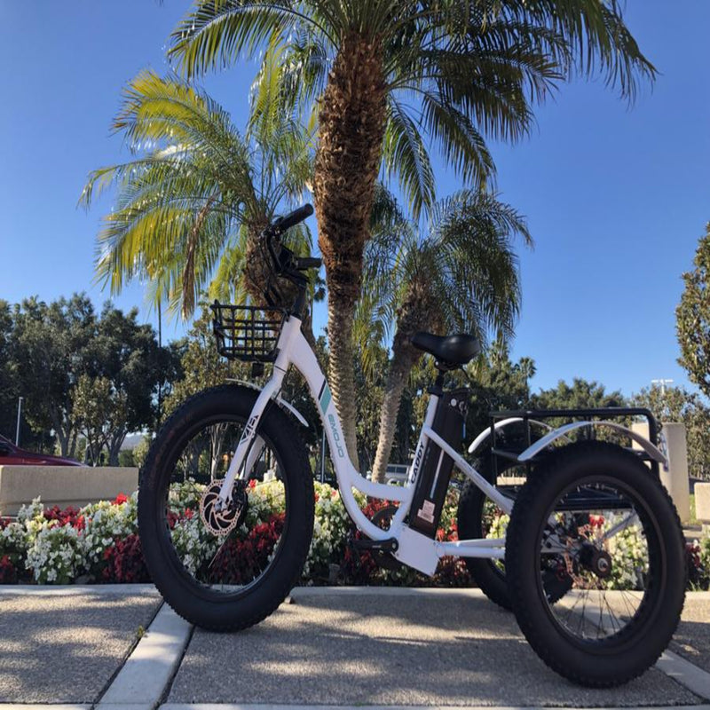 Emojo 500W Caddy Step Through Electric Tricycle - white tricycle parked outside