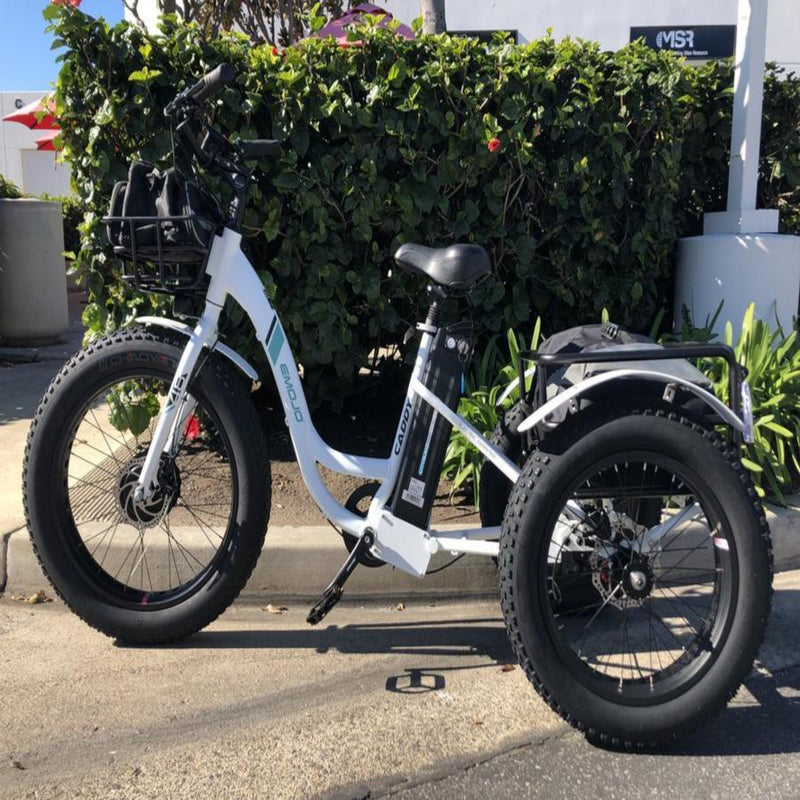 Emojo 500W Caddy Step Through Electric Tricycle - white tricycle parked on the road