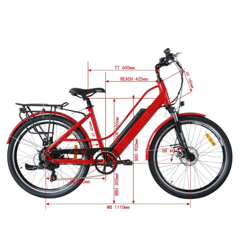 Electric Bike EUNORAU 36V350W E TORQUE Electric Step Thru Bike Red Dimensions