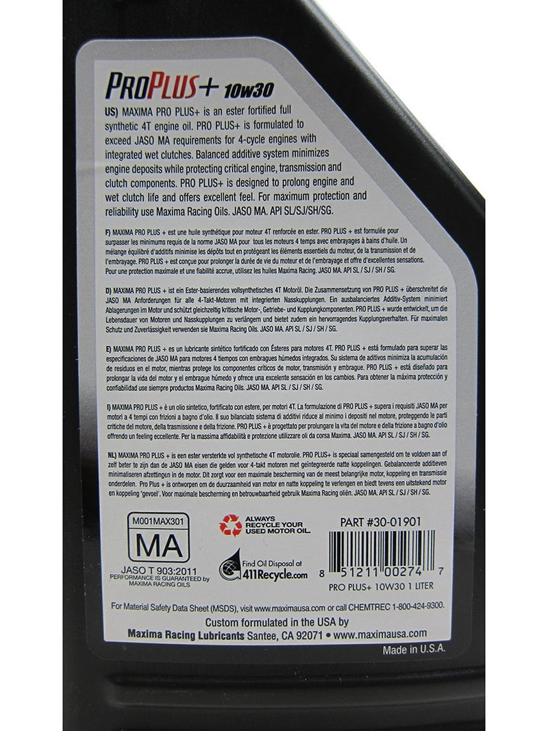 Maxima Scooter Pro Plus 4-Stroke Synthetic 10w30 Motor Oil 1 Liter - back